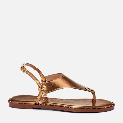 Sandália Rasteira Tira Fina Folk Tacha Studs Rebite Feminino Milano Bronze 13527