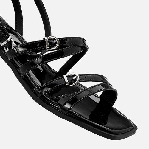 Sandália Salto Baixo Bloco com Traseira Fechada, Tiras Achatadas Médias Cruzadas com Detalhe em Fivela Feminino Milano Preto 13557