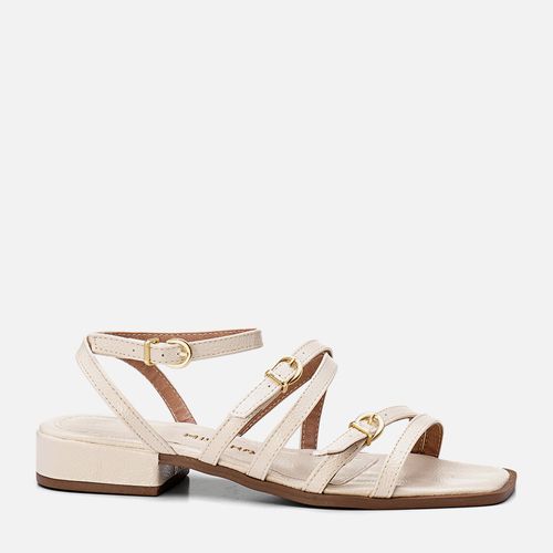 Sandália Salto Baixo Bloco com Traseira Fechada, Tiras Achatadas Médias Cruzadas com Detalhe em Fivela Feminino Milano Off White 13557