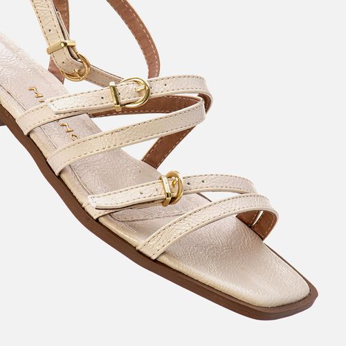 Sandália Salto Baixo Bloco com Traseira Fechada, Tiras Achatadas Médias Cruzadas com Detalhe em Fivela Feminino Milano Off White 13557