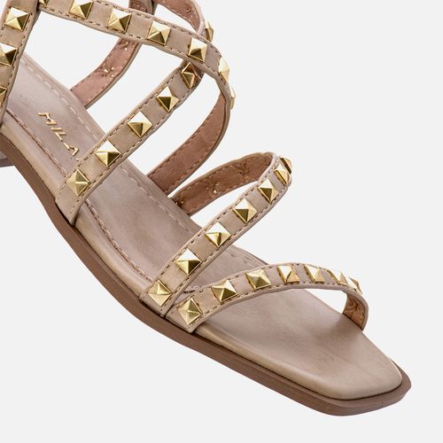Sandália Salto Baixo Bloco Tiras Achatadas com Aplicação de Tachas ou Studs em Spike de Pirâmide Feminino Milano Feno 13555