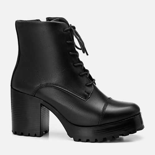 Bota Coturno Tratorada Sola Alta Salto Bloco Médio Cano Liso Médio Calce Prático Feminino Milano Preto 11849