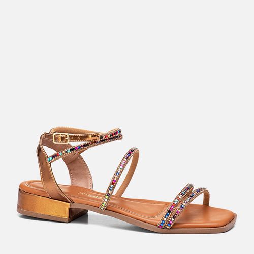 Sandália Salto Baixo Bloco Tiras Finas e Aplicação de Brilho Mix de Pedrarias Feminino Milano Multicolor 13554