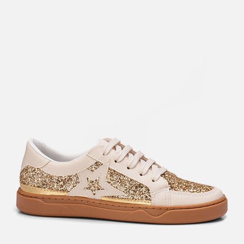 Tênis Sola Caixa Mix Brilho Metalizado Glitter Estrela  Feminino Milano Off White/ouro 13598