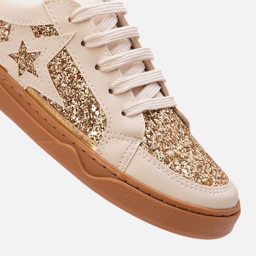 Tênis Sola Caixa Mix Brilho Metalizado Glitter Estrela  Feminino Milano Off White/ouro 13598