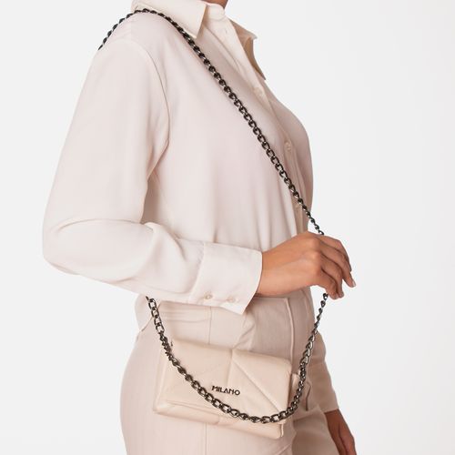 Bolsa Tiracolo Pequena Feita em Couro com Corrente Feminina Milano Off White 13051