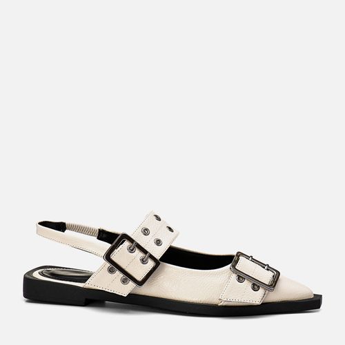 Sapatilha Slingback Bico Fino Tachas Rebites Fivela  Feminino Milano Off White 13605