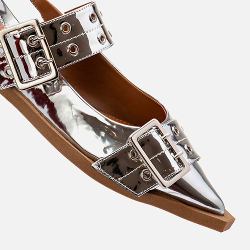 Sapatilha Slingback Bico Fino Tachas Rebites Fivela  Feminino Milano Spechio Prata 13605