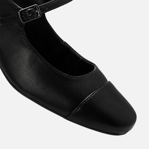 Scarpin Mary Jane ou Boneca Tira Slingback Salto Bloco Médio e Biqueira Destacada Feminino Milano Preto 13635