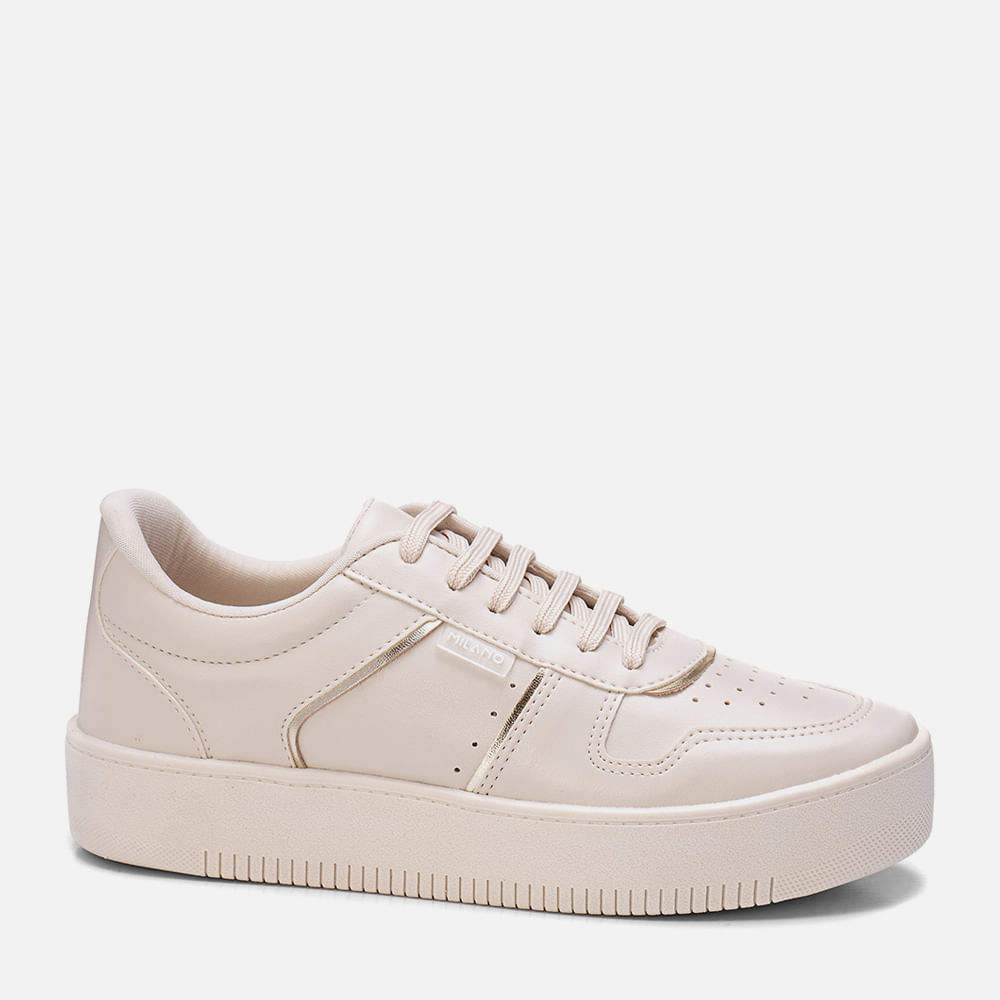 Tênis Sola Caixa Alta Recortes Mix Metalizado e Cano Acolchoado Conforto Feminino Milano Off White 13652 33