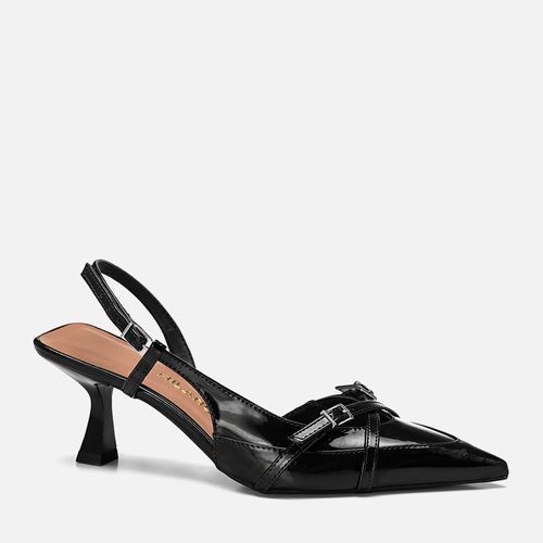 Scarpin Slingback Kitten Heel Bico Fino Recortes Tiras com Fivelas Cruzadas em X  Feminino Milano Preto 13657