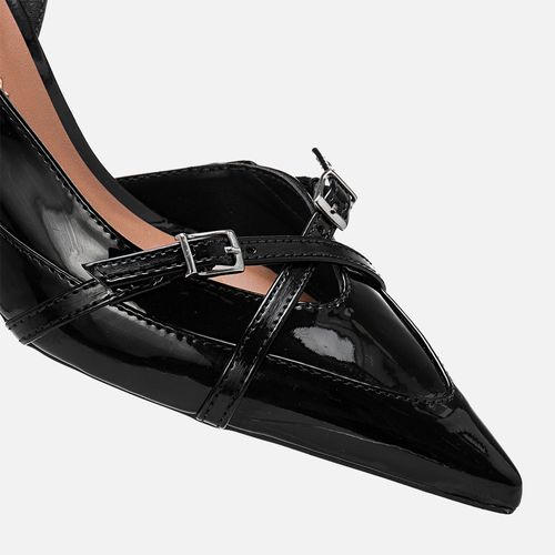 Scarpin Slingback Kitten Heel Bico Fino Recortes Tiras com Fivelas Cruzadas em X  Feminino Milano Preto 13657