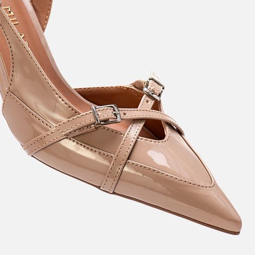 Scarpin Slingback Kitten Heel Bico Fino Recortes Tiras com Fivelas Cruzadas em X  Feminino Milano Amendoa 13657