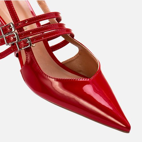 Scarpin Slingback Kitten Heel Bico Fino Decote V Tiras com Fivela e Calce Prático Feminino Milano Vermelho 13655