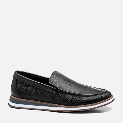 Sapato Casual Mocassim Feito em Couro Soft Calce Prático Sem Amarração Slip On Solado Tricolor Costura Aparente Anatômico Milano Preto 13216