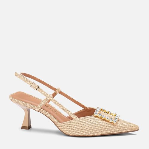 Scarpin Kitten Heel Salto Taça Médio Tramado Natural Palha Tira Slingback e Fivela com Brilho Strass Feminino Milano Palha 13677