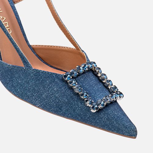 Scarpin Kitten Heel Salto Taça Médio Tramado Natural Palha Tira Slingback e Fivela com Brilho Strass Feminino Milano Jeans 13677