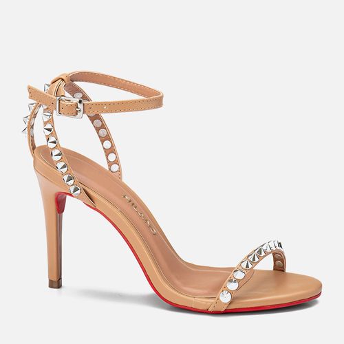 Sandália Salto Alto Fino Agulha Tiras Finas com Tachas Spike de Pirâmide e Solado Vermelho  Feminino Milano Light Tan 13671