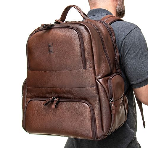 Mochila Grande Feita em Couro Floater Premium Alça Costas Divisória Notebook 3 Bolsos 1 Bolso Sapato Externo Masculina Milano Conhaque 13670