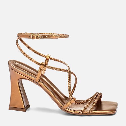 Sandália Salto Alto Flare Bico Quadrado Tiras Finas Tramado Trança Metalizada Feminino Milano Bronze 13684