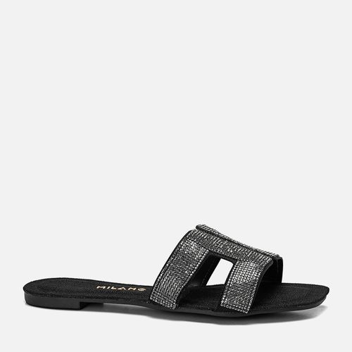 Sandália Rasteira Tira H Brilho Manta de Strass Palmilha Quadrada  Feminino Milano Preto 13697