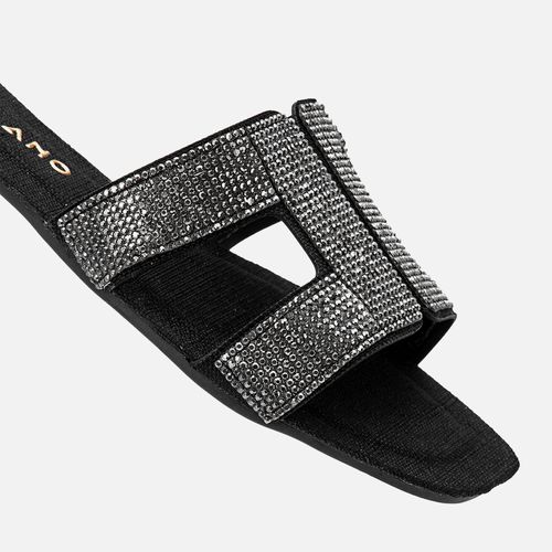 Sandália Rasteira Tira H Brilho Manta de Strass Palmilha Quadrada  Feminino Milano Preto 13697