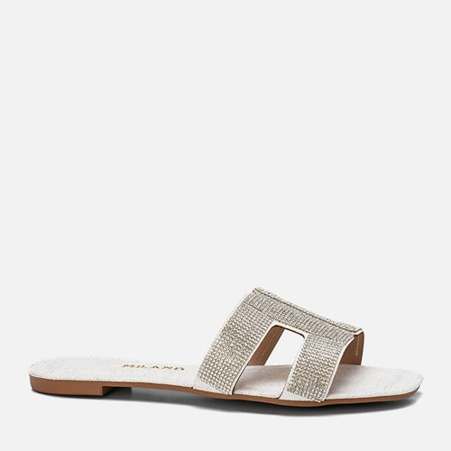 Sandália Rasteira Tira H Brilho Manta de Strass Palmilha Quadrada  Feminino Milano Off White 13697