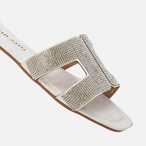 Sandália Rasteira Tira H Brilho Manta de Strass Palmilha Quadrada  Feminino Milano Off White 13697