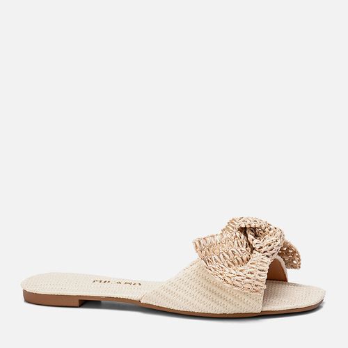 Sandália Rasteira Material Tramado Visual Natural Tira Slide e Maxi Laço em Ráfia Feminino Milano Off White 13699