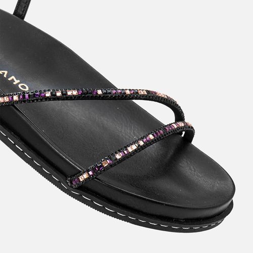 Sandália Papete Solado Anatômico Tiras Finas Brilho em Mix de Pedrarias e Strass Multicolor e Calce Prático com Regulagem  Feminino Milano Preto 13688