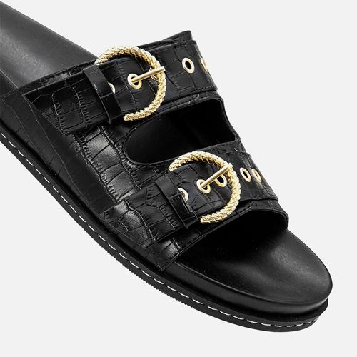 Sandália Papete Tiras Cruzadas Fivela Textura Animal Print Croco e Palmilha Anatômica  Feminino Milano Preto 13690