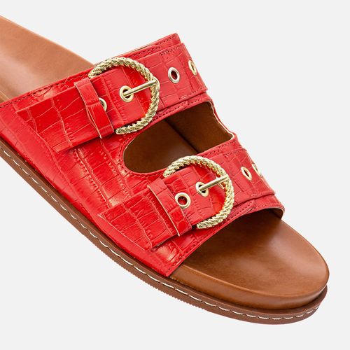 Sandália Papete Tiras Cruzadas Fivela Textura Animal Print Croco e Palmilha Anatômica  Feminino Milano Laranja 13690