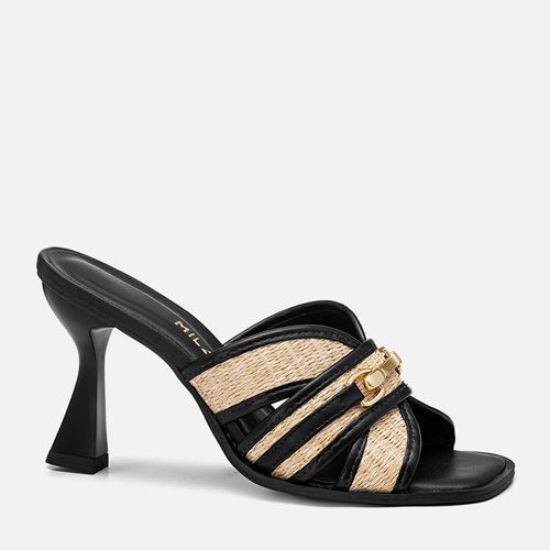 Sandália Tamanco Salto Alto Taça Tiras Material Tramado Natural Tipo Palha com Fivela Metalizada  Feminino Milano Preto 13721