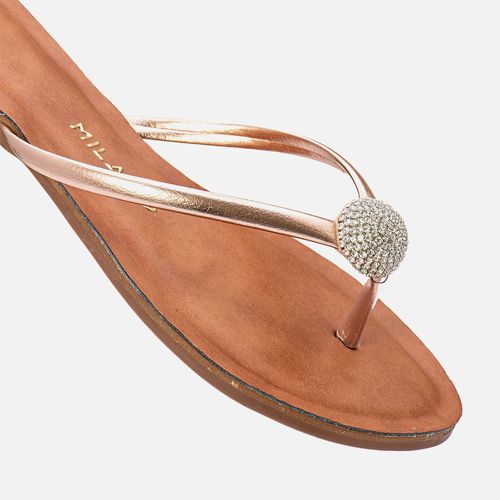 Sandália Rasteira Tira Dedo Metalizada tipo Chinelo Esfera em Brilho Strass Feminino Milano Cobre 13679