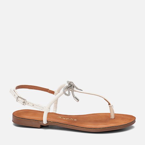 Sandália Rasteira Tira Arredondada tipo Chinelo e Lacinho em Brilho Strass Feminino Milano Off White 13680