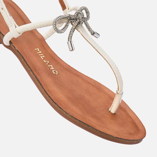 Sandália Rasteira Tira Arredondada tipo Chinelo e Lacinho em Brilho Strass Feminino Milano Off White 13680