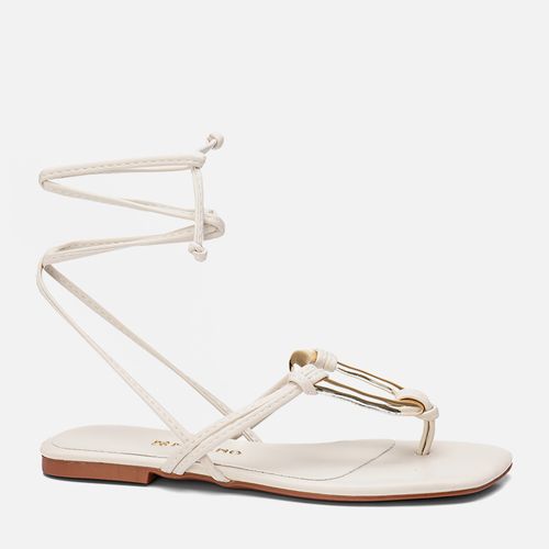 Sandália Rasteira Fivela Oval Formato Orgânico Dourado com Amarração Bico Quadrada Tiras Finas Feminino Milano Off White 13695