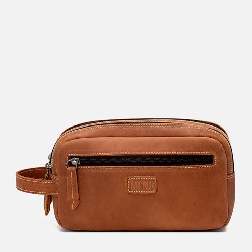 Necessaire Bolsa Viagem Estojo Feito em Couro Floater 2 Divisórias Grande Bolso Frontal Zíper Masculino Milano Pinhão 13199