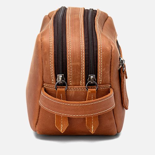 Necessaire Bolsa Viagem Estojo Feito em Couro Floater 2 Divisórias Grande Bolso Frontal Zíper Masculino Milano Pinhão 13199