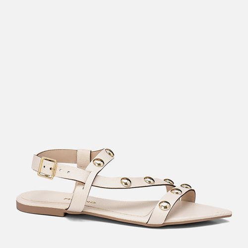 Sandália Rasteira Bico Folha Tiras Metais Esfera Feminino Milano Off White 13705