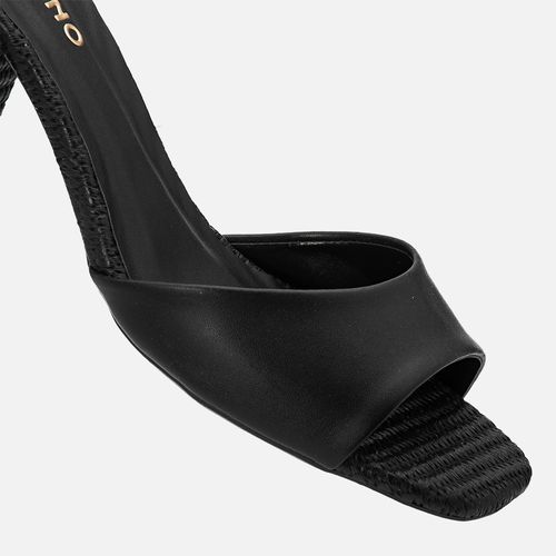 Sandália Tamanco Aberto Salto Bloco Médio Trapézio Palha Tira Slide  Feminino Milano Preto 13707