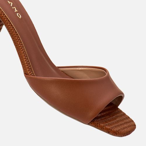 Sandália Tamanco Aberto Salto Bloco Médio Trapézio Palha Tira Slide  Feminino Milano Caramelo 13707