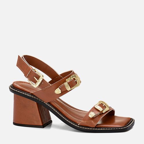 Sandália Salto Bloco Médio Trapézio Bico Quadrado Tiras Médias Detalhe Fivela Boho Western Feminino Milano Caramelo 13773