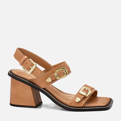 Sandália Salto Bloco Médio Trapézio Bico Quadrado Tiras Médias Detalhe Fivela Boho Western Feminino Milano Bege 13773