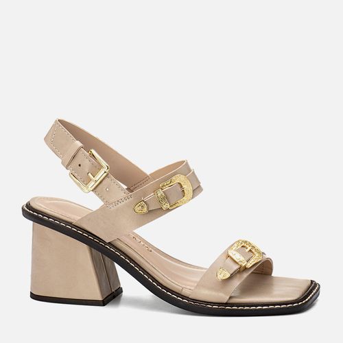 Sandália Salto Bloco Médio Trapézio Bico Quadrado Tiras Médias Detalhe Fivela Boho Western Feminino Milano Off White 13773