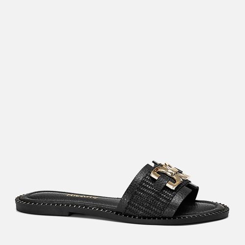 Sandália Rasteira Tira Slide Material Tramado Natural Detalhe Maxi Fivela e Rebites Feminino Milano Preto 13700