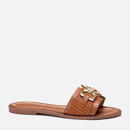 Sandália Rasteira Tira Slide Material Tramado Natural Detalhe Maxi Fivela e Rebites Feminino Milano Caramelo 13700