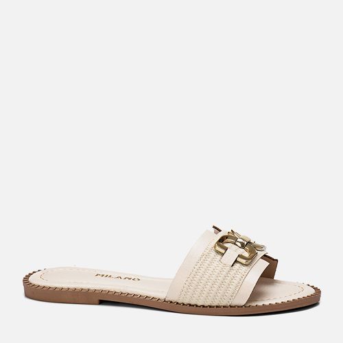 Sandália Rasteira Tira Slide Material Tramado Natural Detalhe Maxi Fivela e Rebites Feminino Milano Off White 13700