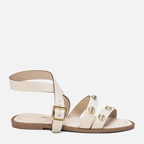 Sandália Rasteira Tiras Aplicação Metais Tachas ou Studs e Solado com Rebites Feminino Milano Off White 13702