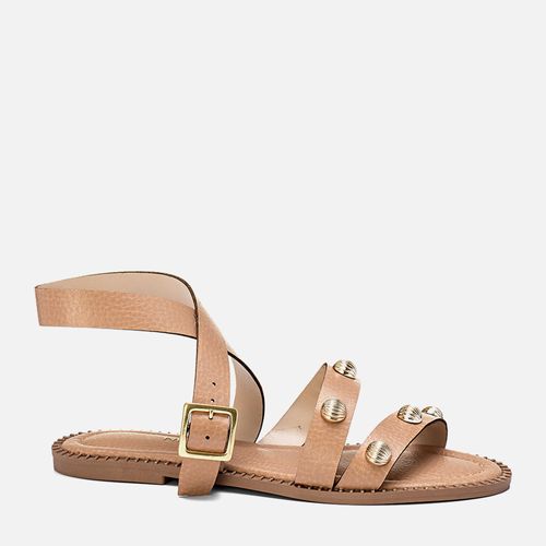 Sandália Rasteira Tiras Aplicação Metais Tachas ou Studs e Solado com Rebites Feminino Milano Amendoa 13702